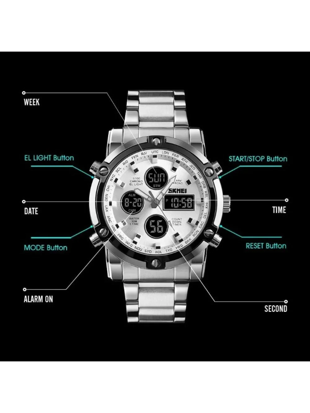 Men’s Two Tone Black Analog-Digital Stainless Steel Large Face Chronograph Watch